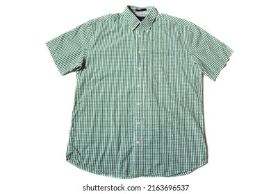 Green Button Up Short Sleeve Shirt On White Background