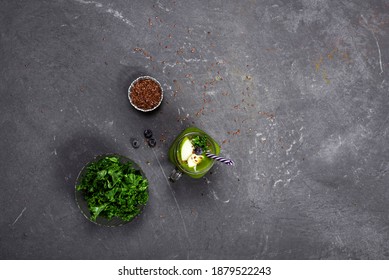 Green Cabbage And Flaxseed Smoothie, Top View. Gray Textured Background. Space For Text, Copyspace.