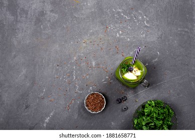 Green Cabbage And Flaxseed Smoothie, Top View. Dark Gray Textured Background. Space For Text, Copyspace.