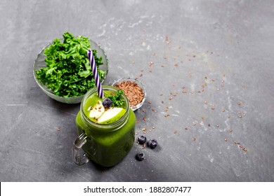 Green Cabbage And Flaxseed Smoothie, Top View. Light Gray Textured Background. Space For Text, Copyspace.