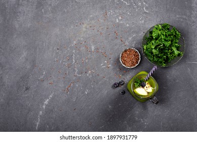 Green Cabbage And Flaxseed Smoothie, Top View. Grey Background. Space For Text, Copyspace.