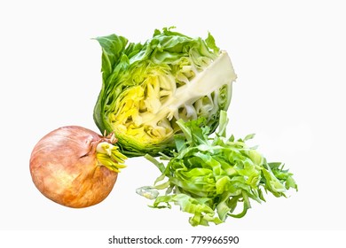 Green Cabbage Half A Head Of Shredded Strips Of Lettuce On White Background Isolated.