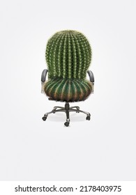 A Green Cactus like office chair on pastel white background. Uncomfortable office chair. Creative minimal idea. Hemorrhoids concept.