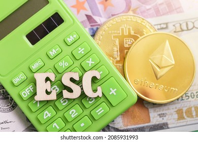 Green Calculator, cryptocurrency, bitcoin, assets ESG, Blockchain technology. Socially Responsible Investing. Concept Sustainably. Investments with consideration of environment and human wellbeing