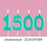 Green candle number 1500 - Birthday card on pastel pink background