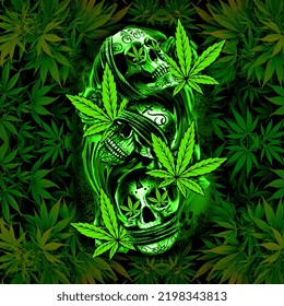 Green Cannabis Skull Weeds Plant Illustrations.