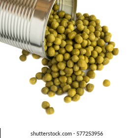 Green Canned Peas Isolated on White. Vegetarian Food Background Top View