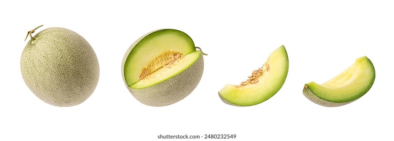 Green cantaloupe melon with cut slice isolated on white background. - Powered by Shutterstock