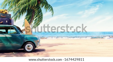 Green car with luggage ready for summer holidays 3D Rendering