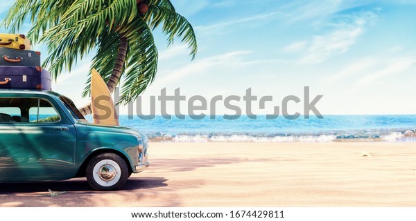 Green car with luggage ready for summer\
holidays 3D Rendering