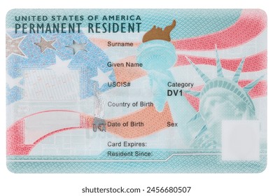 Green Card. Immigrant ID. US Permanent resident card. Immigration to USA. Electronic Diversity Visa Lottery DV-2024 DV Lottery Results. United States of America. American dream. Isolated background