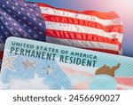 Green Card US Permanent resident card. Immigrant ID documents. USA Electronic Diversity Visa Lottery DV-2024 DV Lottery Results. United States of America. American flag on background