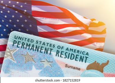 Green Card US Permanent resident card USA. Electronic Diversity Visa Lottery DV-2022 DV Lottery Results. United States of America. American flag on background.  - Shutterstock ID 1827152819