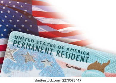 Green Card. US Permanent resident card. Immigration to USA. Electronic Diversity Visa Lottery DV-2024 DV Lottery Results. United States of America. American dream. American flag on background.