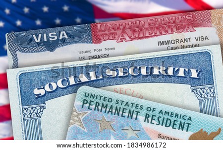 Green Card US Permanent resident USA. Social Security card. VISA United States of America. Electronic Diversity Visa Lottery. DV-2022 DV Lottery Results. American flag on background.