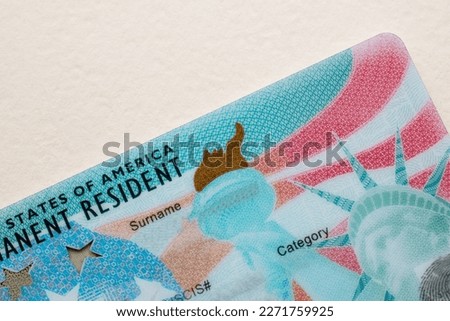 Green Card US, Permanent resident card USA, United States of America immigrant, work and travel documents, emigration, immigration, tourism concept