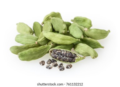 Green Cardamon Pods Isolated On White Background