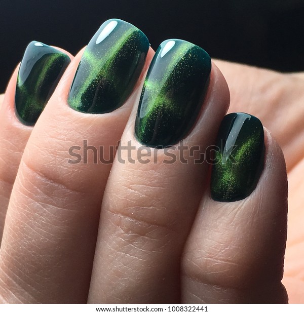 Green Cat Eye Nails Gel Polish Stock Photo Edit Now