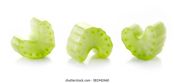 Green Celery Stick Pieces Isolated On White Background