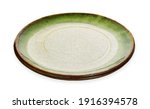 Green ceramic plate, Empty plate with granite texture, isolated on white background with clipping path, Side view                          