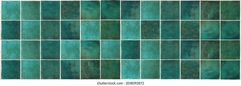 Green ceramic tile background. Old vintage ceramic tiles in green to decorate the kitchen or bathroom  - Shutterstock ID 2038392872