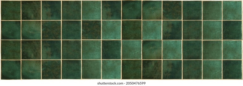 Green ceramic tile background. Old vintage ceramic tiles in green to decorate the kitchen or bathroom 