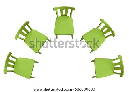 Green chairs standing on a white background in a semicircle, top view Background, isolated