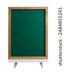 Green chalkboard with wooden frame isolated on white background.