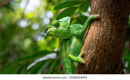 Green chameleon climbing a tree in the forest - Powered by Shutterstock