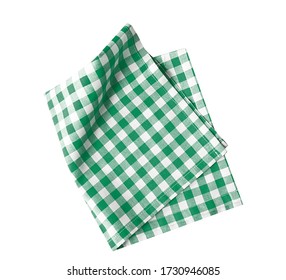 Green Checkered Folded Cloth Isolated On White,kitchen Picnic Towel Top View.