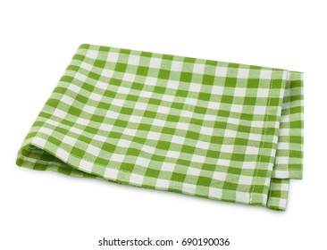 Green checkered picnic clothes isolated.Decorative cotton napkin.Plaid gingham towel.