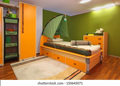 Green Child Bedroom Interior With Camping Theme