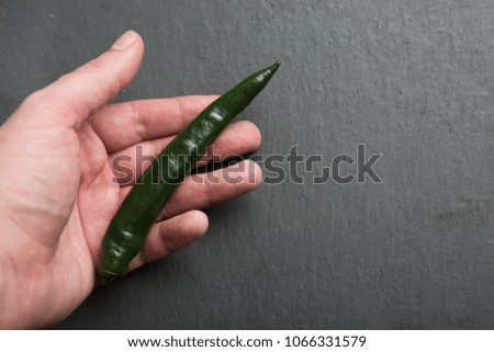 Green chili pepper in hand on dark background