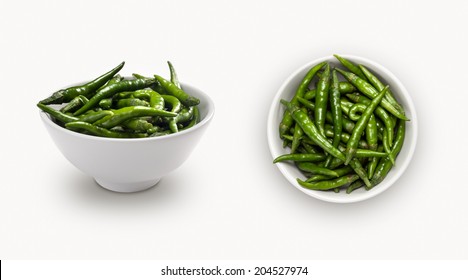  Green Chili In A Small Bowl,  Isolated On White Background, View From Front And Top