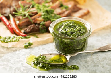 Green Chimichurri Parsley Sauce With Grilled Steak