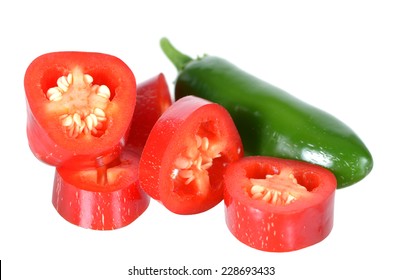 Green And Chopped Red Jalapeno Pepper Isolated On White Background 