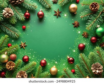 Green Christmas background with fir branches and decorations. with copyspace - Powered by Shutterstock