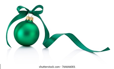 Green Christmas Bauble With Ribbon Bow Isolated On White Background
