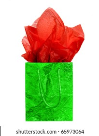 Green Christmas Gift Bag With Red Tissue Paper