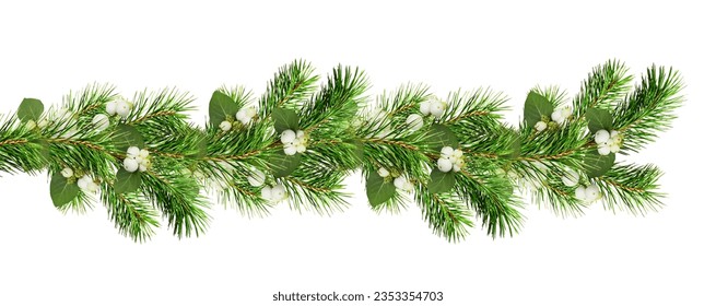 Green Christmas pine twigs and snowberries in a festive garland isolated on white background