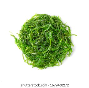 Green Chuka Seaweed Salad Isolated On White Background Top View. Wakame Sea Kelp Salat, Chukka Sea Weed, Healthy Algae Food