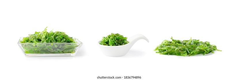 Green Chuka Seaweed Salad Isolated On White Background With Clipping Path. Wakame Sea Kelp Salat, Chukka Sea Weed, Healthy Algae Food
