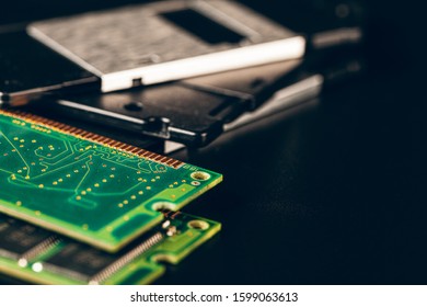 Green circuit board of a computer close up