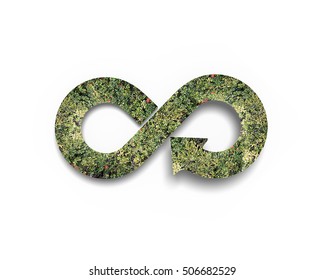 Green Circular Economy Concept. Arrow Infinity Symbol With Grass, Isolated On White Background.