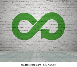 Green Circular Economy Concept. Arrow Infinity Symbol With Grass On Brick Wall.