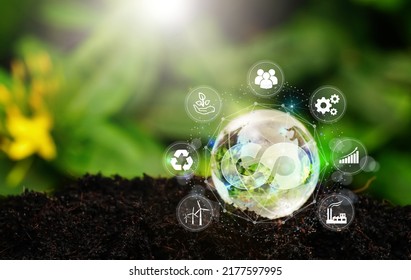 Green Circular Economy Concept. Crystal Globe With A Circular Economy Icon Around It. Circular Economy For Future Growth Of Business And Design To Reuse And Renewable Material Resources.