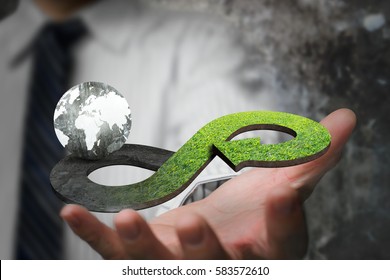 Green circular economy concept. Hand showing arrow infinity symbol with grass texture and globe.