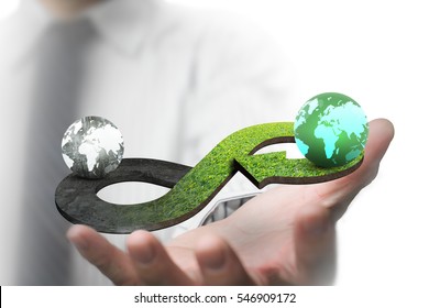 Green circular economy concept. Man's hand showing arrow infinity symbol with grass texture and two globes of different colors.