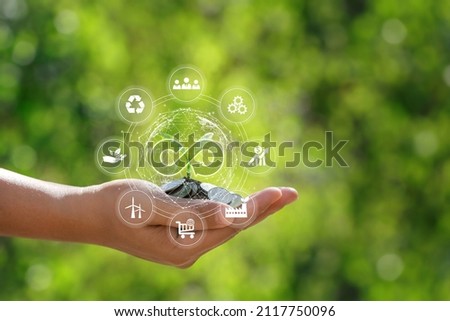  Green circular economy concept.circular economy icon circulating on hand holding a coin and a small tree. circular economy for future growth of business and environment sustainable. 
