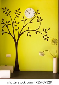 Green Citron Color Wall With Black Tree Wall Decal And Wall Clock